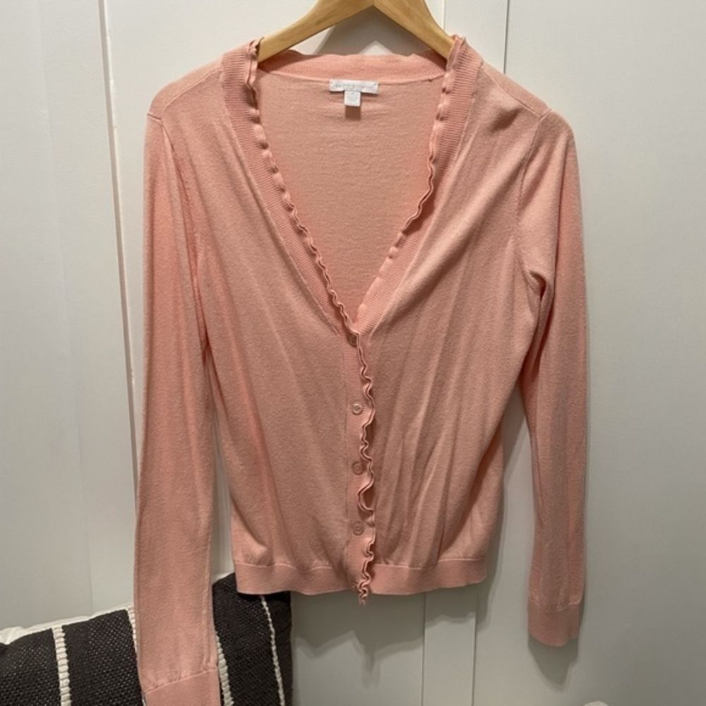 Peach New York & Co Cardigan Medium Ruffles Layering staple button up feminine